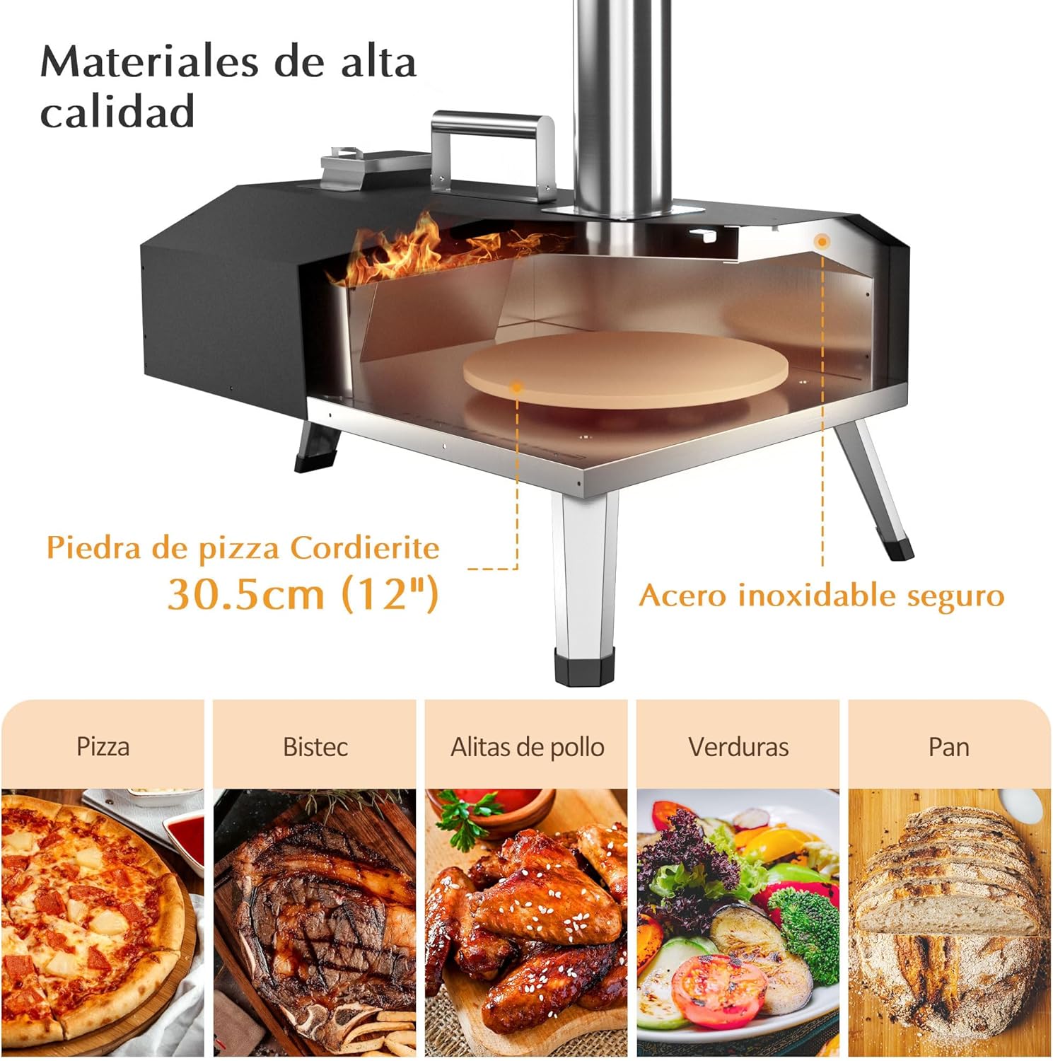 KitchenBoss Pizza Oven Outdoor Pizza Ovens Portable: Wooden Pellet Heated Pizza Oven with 30.5 cm Pizza Stone, Stainless Steel Pizza Oven for Garden, Patio, Backyard, Camping 12 Inch [Energy Class A]