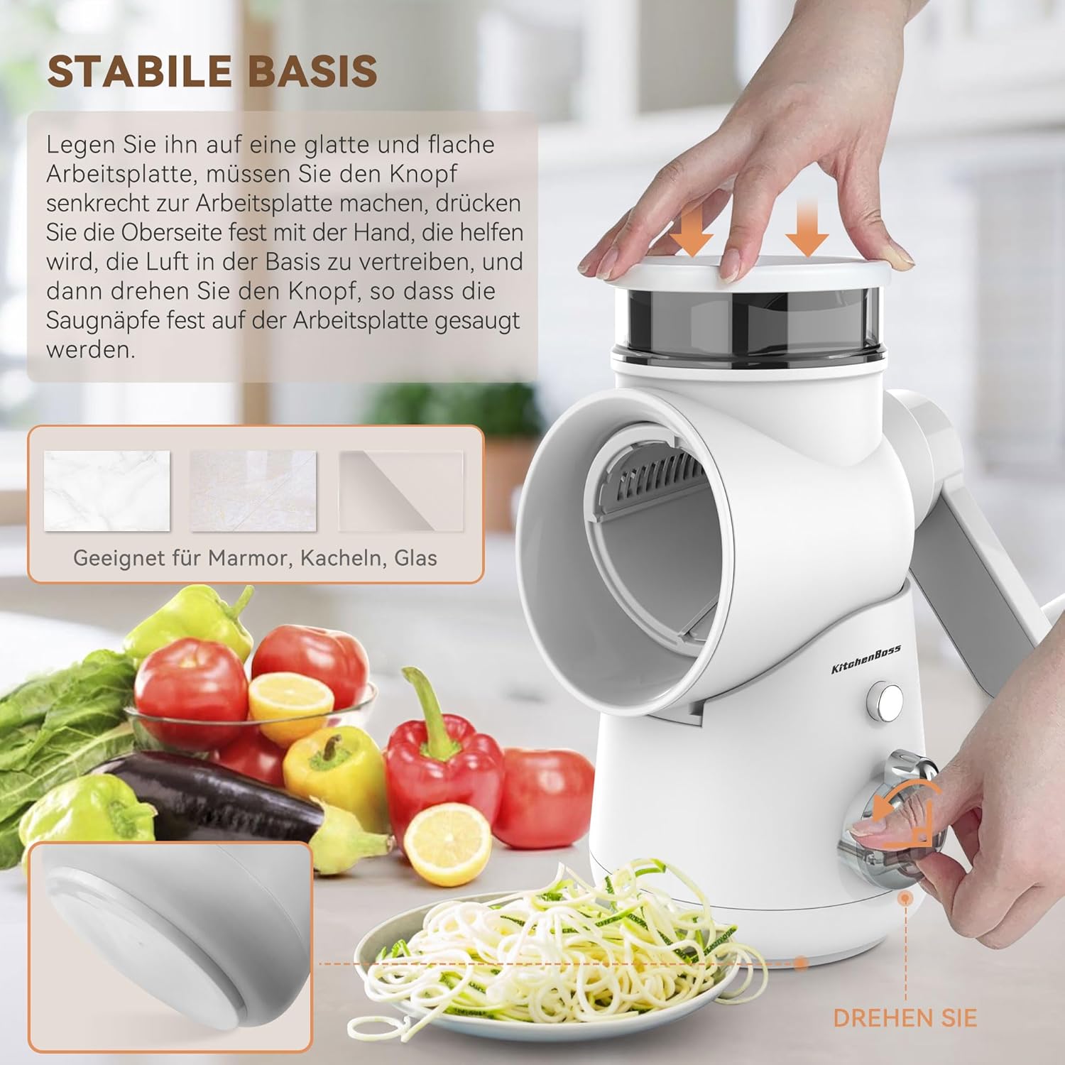 KitchenBoss Manual Vegetable Slicer, Mandolin Vegetable Slicer: Cheese Grater, Drum Grater, 3 in 1, Suitable for Many Types of Vegetables and Fruit, Includes 3 Types of Stainless Steel Blades, with